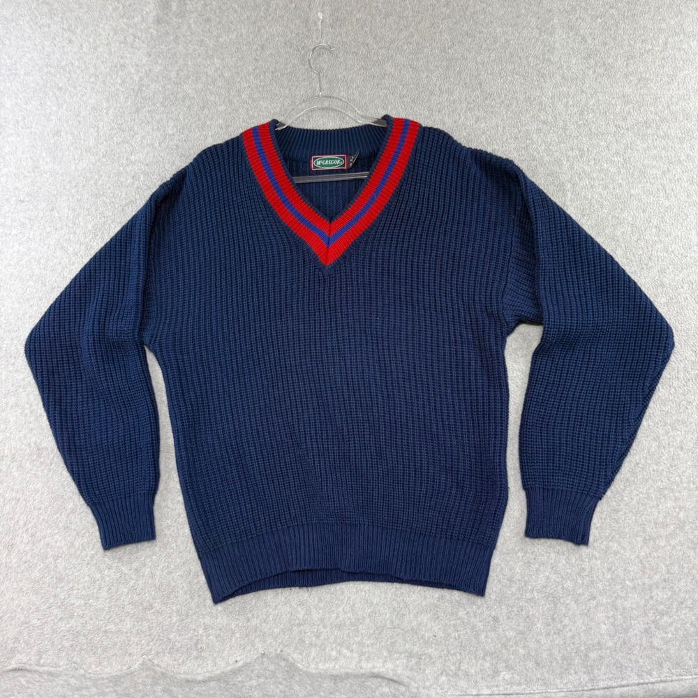 McGregor V-Neck Sweater Mens L Tennis Blue Vintage 80s Shaker Knit Striped Trim